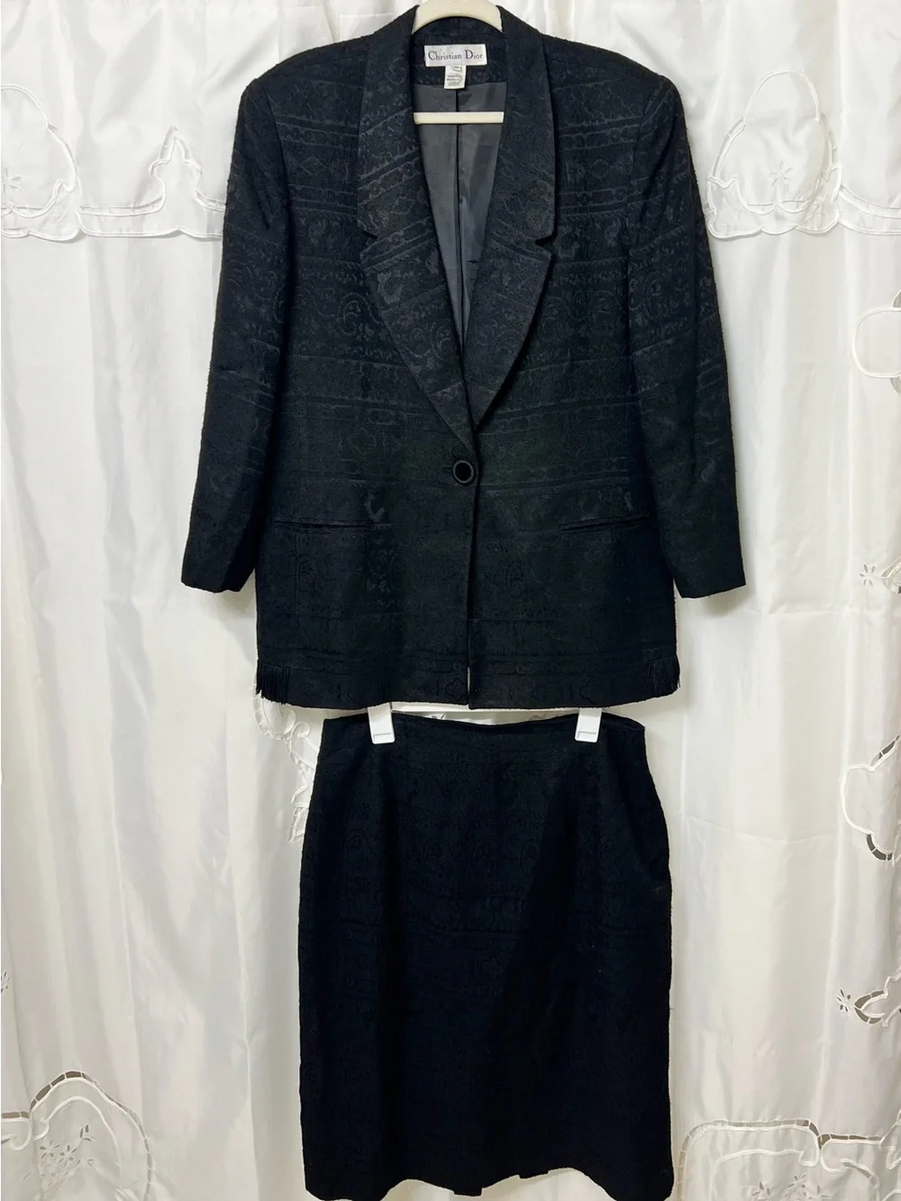 Vintage Christian Dior Black Jacquard Fringe Blazer Skirt Suit Set Size 16 USA